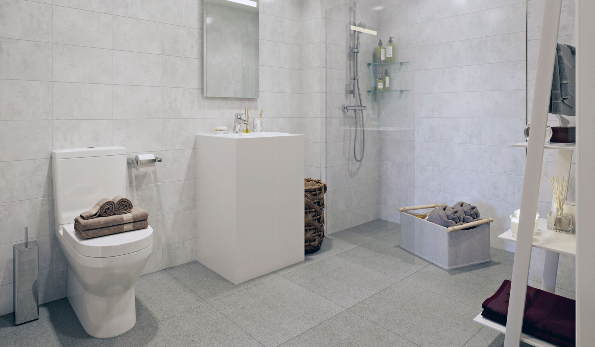 Bathrooms with wall to wall tiling and modern fixtures and fittings