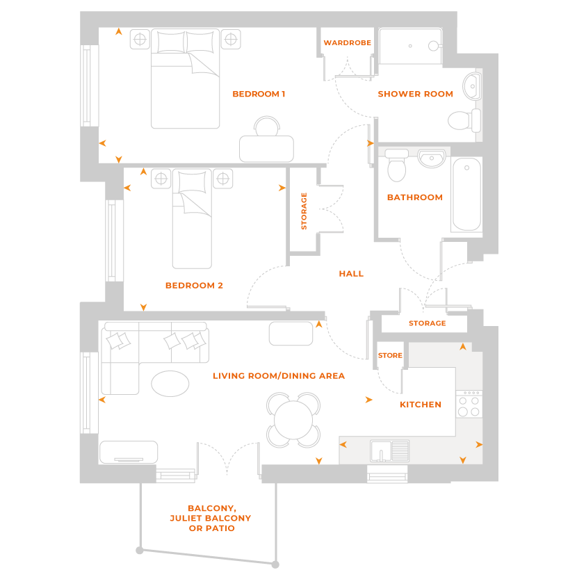 Floor plan example of a two bedroom apartment