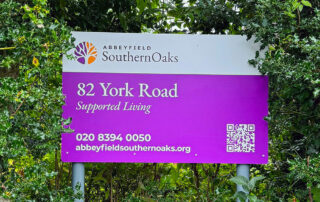 New sign at Abbeyfield Southern Oaks supported living house at York Road, Cheam