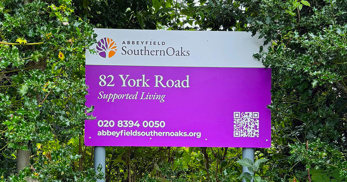 New sign at Abbeyfield Southern Oaks supported living house at York Road, Cheam